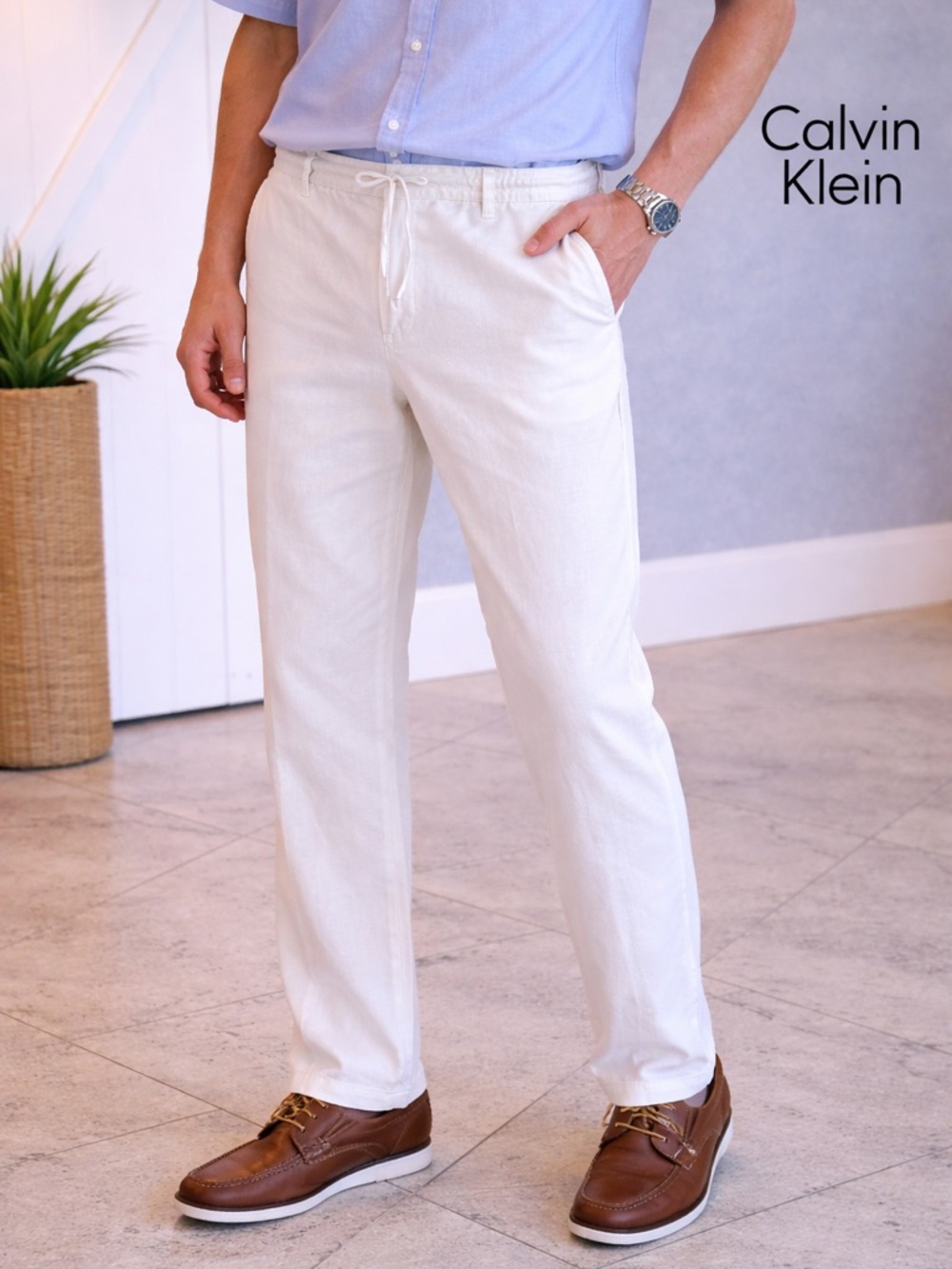 Calvin Klein Off-White Drawstring Linen Trousers.  BB10